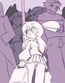 anthro bottomless bottomwear clothed clothing exhibitionism female genitals hair hoodie inside_train low-angle_view no_underwear public public_transportation simple_background simple_coloring skirt smile solo subway topwear train upskirt vehicle vulva nova_rain noozy lagomorph leporid mammal rabbit 2022 absurd_res digital_media_(artwork) hi_res sketch