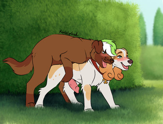 anal anal_penetration animal_genitalia blush brown_body brown_fur brown_nose canine_genitalia collar duo erection feral feral_on_feral feral_penetrated feral_penetrating feral_penetrating_feral fur genitals grass green_hair hair intraspecies landscape_background male male/male male_penetrated male_penetrating male_penetrating_male nature nature_background obscured_penetration open_mouth penetration penile penile_penetration penis pink_penis plant sex shrub simple_background sky smile tail tan_body tan_fur tongue tree white_body white_fur white_hair yellow_body yellow_fur mochasplash belfort_and_lupin belfort_(belfort_and_lupin) dustin_(thediamonddustt) bird_dog canid canine canis domestic_dog french_spaniel golden_retriever hunting_dog labrador mammal retriever spaniel digital_media_(artwork)