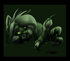 anthro black_border blood bodily_fluids border claws dark dying female glowing glowing_eyes gore nightmare_fuel reaching solo bloo canid canine mammal