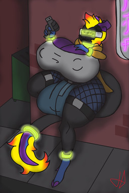 anthro belt_buckle big_breasts big_bulge bottomwear breasts buckle bulge city clothing coat cyberpunk cyberpunk_clothes fishnet_clothing fishnet_legwear glowing_cuffs gun gynomorph handgun huge_breasts huge_bulge huge_hips hyper hyper_breasts hyper_bulge hyper_hips intersex legwear mohawk neon_lights orange_clothing orange_coat orange_topwear pistol ranged_weapon shirt solo tank_top topwear visor_helmet weapon wide_hips gangtie mythology dragon eastern_dragon hybrid kirin mythological_creature mythological_scalie scalie 2:3 absurd_res hi_res