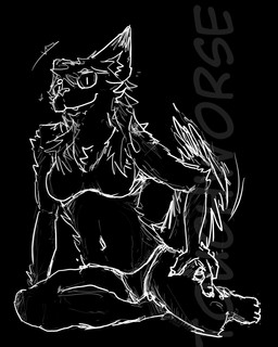 anthro arm_tuft belly bent_legs black_arms black_eyes black_hair black_legs black_nose black_paws breasts clothing dipstick_ears ear_markings facial_tuft female front_view hair hands_on_ground hands_on_legs leg_tuft long_hair looking_up markings multicolored_ears panties raised_tail sitting solo tail teeth tuft underwear touchworse voida canid canine canis mammal wolf hi_res sketch