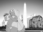 anthro argentina argentine_flag belly big_belly big_ears breasts buenos_aires city featureless_breasts featureless_crotch female food fur holding_food holding_object huge_ears landmark long_ears open_mouth overweight overweight_anthro overweight_female plant sky solo thick_thighs tree wide_hips achromasloth cheesecake_(mei_cheesecake) domestic_rabbit lagomorph leporid lop_rabbit mammal oryctolagus rabbit 4:3 black_and_white digital_media_(artwork) greyscale hi_res monochrome