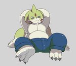 anthro blue_bottomwear blue_clothing blue_pants bottomwear clothing fur green_body green_fur horn male pants solo white_body white_fur mousesix bandai_namco digimon digimon_(species) gargomon lagomorph leporid mammal rabbit