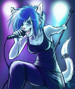 anthro blue_eyes blue_hair bottomwear breasts clothing ear_piercing ear_ring electronics fangs female fluffy fluffy_tail fur hair holding_microphone holding_object microphone microphone_stand pants piercing pointy_ears ring_piercing rocking_out sharp_teeth shirt singing solo tail tank_top teeth tongue topwear white_body white_fur oomizuao lillith_(oomizuao) domestic_cat felid feline felis mammal 2012
