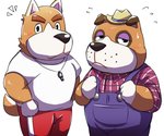 anthro black_nose blush brown_body brown_fur clothing duo fur hat headgear headwear kemono male overalls overweight overweight_male shirt simple_background topwear white_background emufu animal_crossing nintendo booker_(animal_crossing) copper_(animal_crossing) canid canine canis domestic_dog mammal 2017 6:5