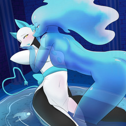 anthro anthro_on_anthro black_body blue_body blue_ears blue_hair blush butt clothing detailed_background duo dutch_angle eye_contact female female/female female_anthro floating_hair floating_hands hair hand_on_face heart_symbol heart_tail looking_at_another looking_away love navel_outline pointy_ears prick_ears side_slit slim_anthro slim_female smile smirk snout tail translucent translucent_body water yellow_eyes dulce_ratoncita deltarune undertale_(series) miss_mizzle tasque_manager animal_humanoid darkner elemental_creature felid felid_humanoid feline feline_humanoid humanoid mammal mammal_humanoid mizzle_(deltarune) water_creature 1:1 2025 absurd_res hi_res portrait three-quarter_portrait