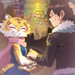 1:1 4_fingers 5_fingers akino_(el-k) anthro aura_(drawligator) blush blush_lines christmas christmas_tree claws clothed clothing drawligator duo_focus eyebrows eyes_closed felid female fingers fur group hair haruki_(drawligator) hi_res holidays human human_on_anthro interspecies kouda_(el-k) male male/female mammal orange_body orange_fur pantherine pawpads plant striped_body striped_fur stripes tiger tree