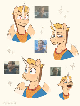 blue_eyes horn male photo_reference red_eyes simple_background smile superhero_costume wings skysorbett hasbro my_little_pony mythology the_boys_(series) homelander_(the_boys) equid equine mammal mythological_creature mythological_equine winged_unicorn hi_res