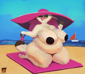 anthro beach beach_towel big_breasts big_butt blue_sky boat breasts butt clothing eyewear female fur hair hat headgear headwear holding_soda kneeling long_hair nude overweight overweight_anthro overweight_female sand sea sky smile sode solo sun_hat sunglasses towel vehicle water watercraft white_body white_face white_fur white_hair grishnax hellaverse helluva_boss stella_(helluva_boss) anatid anseriform anserine avian avian_demon bird demon swan absurd_res hi_res