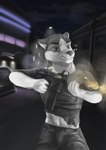 anthro ar_platform assault_rifle brown_eyes city city_background clothed clothing ears_back fingers fur gun holding_gun holding_object holding_ranged_weapon holding_weapon male night outside pivoted_ears ranged_weapon rifle shooting sky solo street street_lamp torn_clothing weapon white_body white_fur wolfyalex96 canid canine canis domestic_dog husky mammal nordic_sled_dog spitz digital_media_(artwork) hi_res