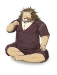 anthro blush brown_body brown_fur clothed clothing fur kemono male overweight overweight_anthro overweight_male simple_background sitting solo white_background emufu felid lion mammal pantherine 2013 3:4