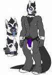 anthro black_body black_fur black_hair bulge canid canine captain_(dominate) chest_tuft clothing dominate_(artist) fur grey_body grey_fur hair hooves jockstrap male mammal nipples pubes purple_nipples solo tuft underwear unknown_species white_body white_fur