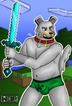 anthro belly biped black_nose blue_sky bulge clothing collar detailed_bulge dirt_block ears_up eyebrows fighting_pose forest forest_background fur grey_body grey_fur male male_anthro melee_weapon muscular nature nature_background plant pose sky solo solo_focus sword tail tree underwear weapon welp_can microsoft minecraft mojang xbox_game_studios canid canine canis mammal wolf wolf_(minecraft) hi_res