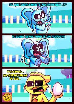 anthro blue_body confusion duo egg male text yellow_body rocketlennon mob_entertainment poppy_playtime smiling_critters bubba_bubbaphant kickinchicken avian bird chicken elephant elephantid galliform mammal phasianid proboscidean absurd_res comic hi_res spanish_text