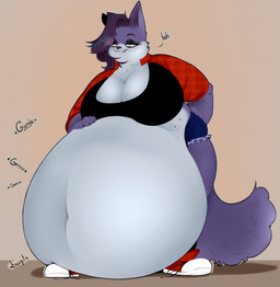 5_fingers anthro belly belly_inflation belly_overhang big_belly big_breasts black_nose bottomwear breasts claws cleavage clothed clothing eyebrows female fingers footwear fur hair huge_belly inflation jacket multicolored_body multicolored_fur navel overweight overweight_anthro overweight_female purple_body purple_claws purple_eyebrows purple_eyes purple_fur purple_hair rumbling_stomach shirt shoes shorts simple_background solo standing tail tan_background topwear whiskers fake_anna domestic_cat felid feline felis mammal hi_res shaded