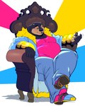 anthro belly black_body black_fur bottomwear bracelet chair clothing denim denim_bottomwear denim_clothing footwear fur furniture gold_(metal) gold_bracelet gold_jewelry jacket jeans jewelry lgbt_pride male overweight overweight_anthro overweight_male pansexual_pride_colors pants pink_clothing pink_shirt pink_tank_top pink_topwear pride_colors shirt shoes sitting solo tank_top topwear satsui-n0-had0u hadou_(satsui-n0-had0u) bear mammal 2022 hi_res