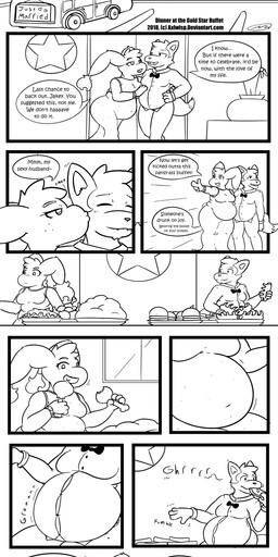 anthro belly belly_expansion breasts clothing dialogue duo expansion female freckles inside male overweight shirt speech_bubble stuffing text topwear weight_gain axlwisp nintendo pokemon april_(axlwisp) jake_(axlwisp) generation_4_pokemon lopunny lucario pokemon_(species) 2018 absurd_res comic english_text hi_res monochrome url