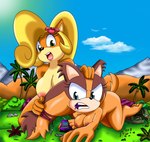 activision angry anthro badger bandicoot big_breasts blue_eyes breasts coco_bandicoot crash_bandicoot_(series) duo female forest forest_background hi_res machine macro mammal marsupial mustelid musteline nature nature_background nipples orange_body plant sega sonic_boom sonic_the_hedgehog_(series) sticks_the_jungle_badger the_knight tree