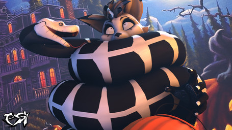 ambiguous_gender anthro asphyxiation black_body black_fur black_highlights bodypaint brown_body brown_fur brown_hair choking coiling duo feral fur hair highlights_(coloring) holidays male multicolored_body multicolored_fur tongue tongue_out two_tone_body two_tone_fur psikokinetic halloween psiko_(psikokinetic) canid canine canis jackal mammal reptile scalie snake 16:9 2024 3d_(artwork) digital_media_(artwork) hi_res source_filmmaker_(artwork) widescreen