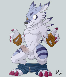 aged_down anthro balls claws colored_nails ear_piercing ear_ring erection fur genitals humanoid_genitalia humanoid_penis male nails penis piercing ring_piercing scar solo striped_body striped_fur stripes young darkwolf79 bandai_namco digimon digimon_(species) weregarurumon absurd_res hi_res