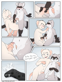 afterglow anthro balls black_body black_fur blue_eyes blush bodily_fluids cum cumshot dialogue duo ejaculation erection eyes_closed eyewear foreskin frottage fur genital_fluids genitals glasses grey_body grey_fur handjob handjob_frottage humanoid_genitalia humanoid_penis lying male male/male masturbation mutual_masturbation navel on_back orgasm orgasm_face penile penile_masturbation penis penises_touching precum sex shota sitting text white_body white_fur young young_anthro young_male iztli mammal mouse murid murine procyonid raccoon rodent absurd_res comic english_text hi_res multiple_scenes
