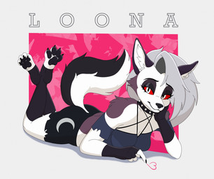 anthro arm_tuft bare_shoulders black_bottomwear black_clothing black_fingerless_gloves black_footwear black_gloves black_handwear black_pawpads black_shorts black_socks bottomwear breasts claws cleavage clothed clothing collar crossed_ankles digitigrade feet_in_air female fingerless_gloves footwear fur geometric_background gloves grey_body grey_fur grey_hair hair hand_on_chin handwear heart_symbol inner_ear_fluff knee_highs knee_socks legwear looking_at_viewer lying midriff on_front pawpads pupils red_sclera shorts shoulder_tuft simple_background slit_pupils socks solo spiked_collar spikes tail text toe_claws toeless_footwear toeless_socks tuft two_tone_tail white_background white_body white_eyes white_fur wroniasty hellaverse helluva_boss mythology loona_(helluva_boss) canid canid_demon canine canis demon hellhound mammal mythological_canine mythological_creature 2025 character_name hi_res