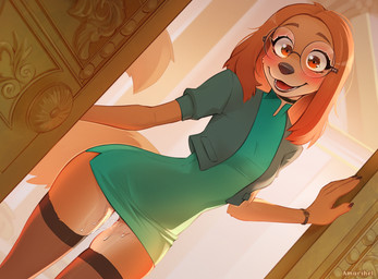 anthro biped blush bodily_fluids claws clothed clothed_anthro clothed_female clothing eyebrows eyelashes eyewear female female_anthro fingers fur genital_fluids glasses hair inside looking_at_viewer open_mouth round_glasses smile solo standing tail teeth tongue vaginal_fluids wearing_glasses amarihel illumination_entertainment sing_(movie) suki_lane canid canine canis domestic_dog hunting_dog mammal saluki sighthound 2026 absurd_res digital_drawing_(artwork) digital_media_(artwork) hi_res