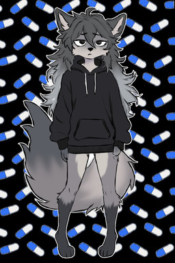 anthro barefoot big_tail clothing drugs ears_up eyebrows feet femboy fur grey_body grey_fur grey_hair hair looking_at_viewer male pills solo sweater tail topwear white_body white_fur roli_poli canid canine fox mammal 2:3 hi_res