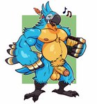 4_toes accordion anisodactyl anthro avian_feet balls beak big_pecs blue_body blue_feathers bodily_fluids dripping erection feather_hands feathers feet genital_fluids genitals glans humanoid_genitalia humanoid_penis looking_at_viewer male musclegut muscular muscular_anthro muscular_male musical_instrument musical_note musical_symbol navel nipples non-mammal_balls non-mammal_nipples overweight overweight_anthro overweight_male pecs penis precum precum_drip pubes solo symbol tail tail_feathers toes posstype breath_of_the_wild nintendo the_legend_of_zelda kass_(tloz) avian bird rito absurd_res hi_res