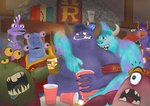 alcohol anthro armband beverage blue_body blue_fur cigarette clothing frat_boy fraternity fur group hat headgear headwear horn hug hugging_another hugging_from_behind intimate male male/male party purple_body purple_fur smoking smoking_cigarette solo_cup surprised_expression topwear yongcaelum disney monsters_inc monsters_university pixar brock_pearson chet_alexander javier_rios johnny_worthington randall_boggs reggie_jacobs roy_o'growlahan sulley monster absurd_res hi_res