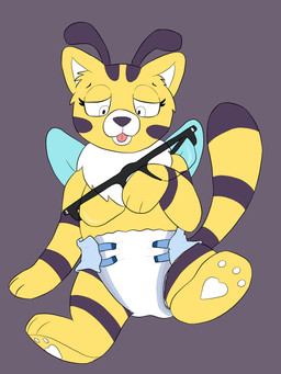 clothed clothing diaper eyewear feral glasses padded tongue tongue_out wearing_diaper yellow_body wereskunk20 mob_entertainment poppy_playtime cat-bee_(poppy_playtime) arthropod bee domestic_cat felid feline felis hybrid hymenopteran insect mammal 3:4 absurd_res hi_res