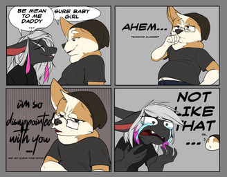 anthro beanie belly black_body black_fur clothing daddy_kink dialogue disappointed eyewear fur glasses hair hat headgear headwear humor text white_hair corginamedbruno bruno_(corginamedbruno) canid canine canis domestic_dog herding_dog lagomorph leporid mammal pastoral_dog rabbit welsh_corgi 2025 absurd_res comic digital_media_(artwork) english_text hi_res