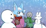 anthro biped blue_body blue_fur clothing duo female fur gesture handwear jacket male mittens open_mouth open_smile pink_body pink_fur scarf smile snow snowing snowman topwear waving white_body white_fur zzx animal_crossing nintendo anon skye_(animal_crossing) canid canine canis circlehead human mammal wolf 2021 digital_media_(artwork)