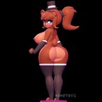 anthro big_butt blue_eyes breasts brown_body butt clothing female footwear gloves hair handwear hat headgear headwear looking_back makeup necktie nipples ponytail raised_tail simple_background smile socks solo standing tail nonotoys frenni_(cryptiacurves) 1:1 3d_(artwork) digital_media_(artwork) hi_res