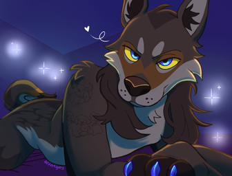 ambiguous_gender anthro arm_tattoo bed bed_sheet bedding bedroom_eyes brown_body brown_hair claws eye_contact fur fur_markings furniture hair heart_symbol long_hair looking_at_another looking_at_viewer lying lying_on_bed markings narrowed_eyes on_bed on_front seductive smile smiling_at_viewer solo sparkles tattoo yellow_eyes wulferthing canid canine canis mammal wolf hi_res