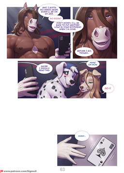 ace_of_spades anthro black_body black_fur blush brown_body brown_fur cellphone dialogue electronics female fur male nude phone smartphone speech_bubble spots text white_body white_fur sigma_x diamond_(sigma_x) lizzy_(sigma_x) mike_(sigma_x) canid canine canis dalmatian deer domestic_dog equid equine horse mammal 2026 comic english_text hi_res url