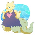 anthro bodily_fluids breasts buckteeth clothed clothing dress female green_eyes heart_symbol nervous non-mammal_breasts simple_background smile solo standing sweat tail teeth thick_tail thick_thighs wide_hips blynxee fairyku undertale undertale_(series) alphys reptile scalie