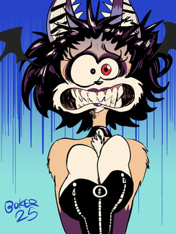alternative_fashion anthro asymmetrical_eyes asymmetrical_pupils bare_shoulders big_breasts black_hair black_nose blue_background breast_squeeze breasts cartoon_eyes choker cleavage clenched_teeth clothed clothing conjoined_eyes corset ear_piercing eyelashes eyeshadow female fur goth gradient_background grimace hair head_wings highlights_(coloring) industrial_piercing industrial_piercing_ladder iris jewelry lingerie lips looking_at_viewer makeup narrow_pupils necklace panicked_look panicking piercing pupils purple_eyeshadow purple_hair purple_highlights purple_lips red_eyes scared sharp_teeth simple_background solo squeezing teeth text thin_neck toony toony_eyes topwear unusual_wing_placement white_body white_fur wide_eyed wings yellow_body yellow_fur boker laura_derose bat-eared_fox canid canine fox mammal 2025 artist_name dated digital_media_(artwork) handwritten_text