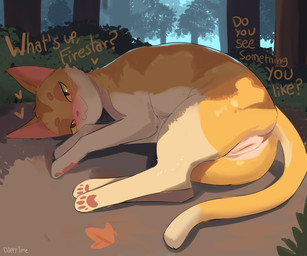 blush dialogue female female_feral feral forest forest_background fur fuzzy genitals heart_symbol humanoid_genitalia humanoid_vulva leaf looking_at_viewer lying multicolored_body multicolored_fur nature nature_background on_ground on_side orange_body orange_fur outside pawpads plant question resting seductive shadow shrub smile solo tail talking_feral talking_to_viewer text tree two_tone_body two_tone_fur vulva whiskers white_body white_fur yellow_body yellow_fur dappytime warriors_(book_series) sandstorm_(warriors) domestic_cat felid feline felis mammal 6:5 absurd_res english_text hi_res