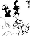 ambiguous_gender anthro domestic_cat eyes_closed felid feline felis floating group heart_symbol jaquin_s kissing looking_at_viewer looking_down low_res lying mammal monochrome on_back on_top plunky_(jaquin_s) raised_tail shadow_creature standing tail text wide_eyed