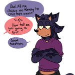 answering anthro asking asking_another black_bottomwear black_clothing black_nose blue_body blue_fur bottomwear clothed clothed_anthro clothing crossed_arms fully_clothed fully_clothed_anthro fur half-closed_eyes male male_anthro midriff multicolored_body multicolored_fur narrowed_eyes offscreen_character offscreen_male purple_clothing purple_sweater purple_topwear rolled_up_sleeves sigh simple_background solo speech_bubble sweater tan_body tan_skin text thin_eyebrows topwear two_tone_body two_tone_fur white_background beastofeuthanasia sega sonic_the_hedgehog_(series) fan_character usva_(beastofeuthanasia) eulipotyphlan hedgehog mammal 2025 colored digital_drawing_(artwork) digital_media_(artwork) english_description english_text shaded simple_shading father_(lore) father_and_child_(lore) father_and_son_(lore) parent_(lore) parent_and_child_(lore) parent_and_son_(lore) son_(lore)