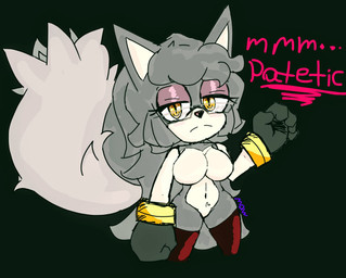 anthro big_breasts bracelet breasts clothing dialogue eyelashes eyeshadow eyewear featureless_breasts female fur glasses gloves green_background grey_body grey_clothing grey_fur grey_gloves grey_handwear handwear jewelry legwear looking_at_viewer makeup navel pupils purple_eyeshadow rectangular_glasses red_clothing red_legwear red_thigh_highs simple_background slit_pupils solo talking_to_viewer tan_body tan_fur text thick_thighs thigh_highs wide_hips yellow_eyes mawstrife sega sonic_the_hedgehog_(series) fan_character english_text hi_res