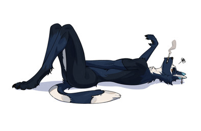 anthro biped butt cigarette claws feet fingers fur looking_at_viewer lying male nude nude_anthro nude_male on_back simple_background solo tail teeth toes nulia canid canine mammal 2026 digital_drawing_(artwork) digital_media_(artwork) hi_res
