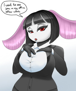 antennae_(anatomy) anthro big_breasts breasts clothed clothing female hair looking_at_viewer makeup open_mouth ruth_miller simple_background solo suit text blackbetty arthropod insect lepidopteran moth 5:6 english_text hi_res