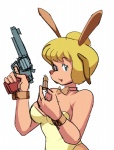 anthro big_breasts blonde_hair blue_eyes bow_(feature) bow_tie breasts bullet bunny_costume clothing costume female gun hair handgun kemono pistol playboy_bunny ranged_weapon simple_background solo weapon watatanza sherlock_hound_(series) mrs._hudson canid canine canis domestic_dog mammal