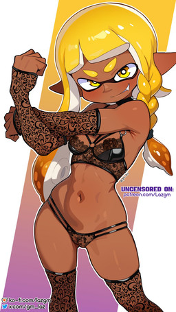 armwear bra clothing dark_body dark_skin elbow_gloves female genitals gloves handwear humanoid_pointy_ears lace_bra lace_panties legwear lingerie not_furry panties pointy_ears pseudo_hair simple_background solo tentacle_hair tentacles text thigh_highs underwear vulva gm_laz nintendo splatoon agent_3_(splatoon) aquatic cephalopod humanoid inkling mollusk 9:16 hi_res url