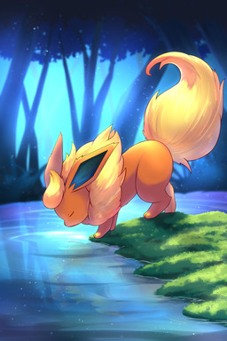 3_toes ambiguous_feral ambiguous_gender blue_inner_ear creek digitigrade eyes_closed feet feral fluffy fluffy_tail forest fur grass light looking_down multicolored_body multicolored_fur orange_body orange_ears orange_fur outside paws plant quadruped reflection ripples ruff snout solo tail toes tree two_tone_body two_tone_fur water yellow_body yellow_fur yellow_tail rumine nintendo pokemon eeveelution flareon generation_1_pokemon mammal pokemon_(species) 2025 2:3 hi_res lighting