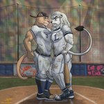 1:1 adobe_photoshop_(artwork) anthro argument backwards_baseball_cap backwards_hat bared_teeth baseball_(sport) baseball_base baseball_bat baseball_cap baseball_field baseball_uniform bat_(object) belt black_eyes black_nose blue_eyes bulge bulge_frottage butt cleats clothed clothing cougar digital_media_(artwork) duo felid feline flexing footwear fully_clothed fur glare grass hand_on_hip hat headgear headwear hi_res leo_(saitama_seibu_lions) lion male male/male mammal mascot mexican_pacific_league muscular muscular_male nippon_professional_baseball pantherine paw_shoes pecs pecs_touching pink_nose plant public raised_tail saitama_seibu_lions shoes sport sportswear stained_clothing tail tan_body tan_fur tight_clothing uniform white_body white_fur yaco_puma yaco_puma_striptease yannirosegold yaquis_de_obregon