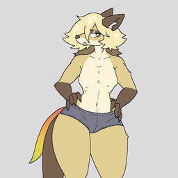 anthro blonde_hair brown_body brown_fur claws clothing femboy fur grey_background hair hands_on_hips highlights_(coloring) male simple_background solo tan_body tan_fur thick_thighs underwear l0cknes paprika_(l0cknes) canid canine fox mammal 1:1 colored