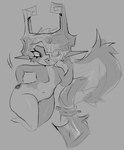 4_fingers breasts clothing eyelashes featureless_crotch female fingers fused_shadow grey_background hair headgear headgear_only headwear headwear_only humanoid_pointy_ears long_hair medium_breasts mostly_nude navel not_furry open_mouth open_smile pear-shaped_figure pointy_ears ponytail pupils short simple_background smile snaggle_tooth solo thick_thighs three-quarter_view wide_hips kaijugrill nintendo the_legend_of_zelda twilight_princess midna humanoid imp twili 2025 digital_media_(artwork) full-length_portrait greyscale monochrome portrait